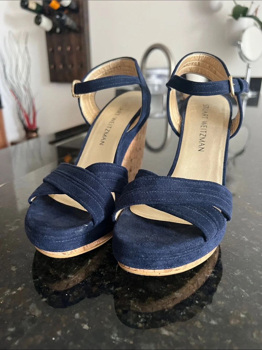 Stuart Weitzman Navy Suede Platform Heels with Ankle Strap